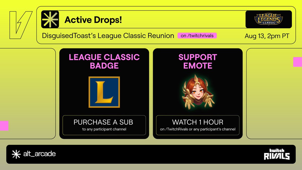Twitch Rivals 英雄联盟经典重聚活动:订阅掉落徽章,观看一小时得表情